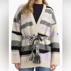 NVLT Women's Belted Cardigan - Cream, Black, and Purple